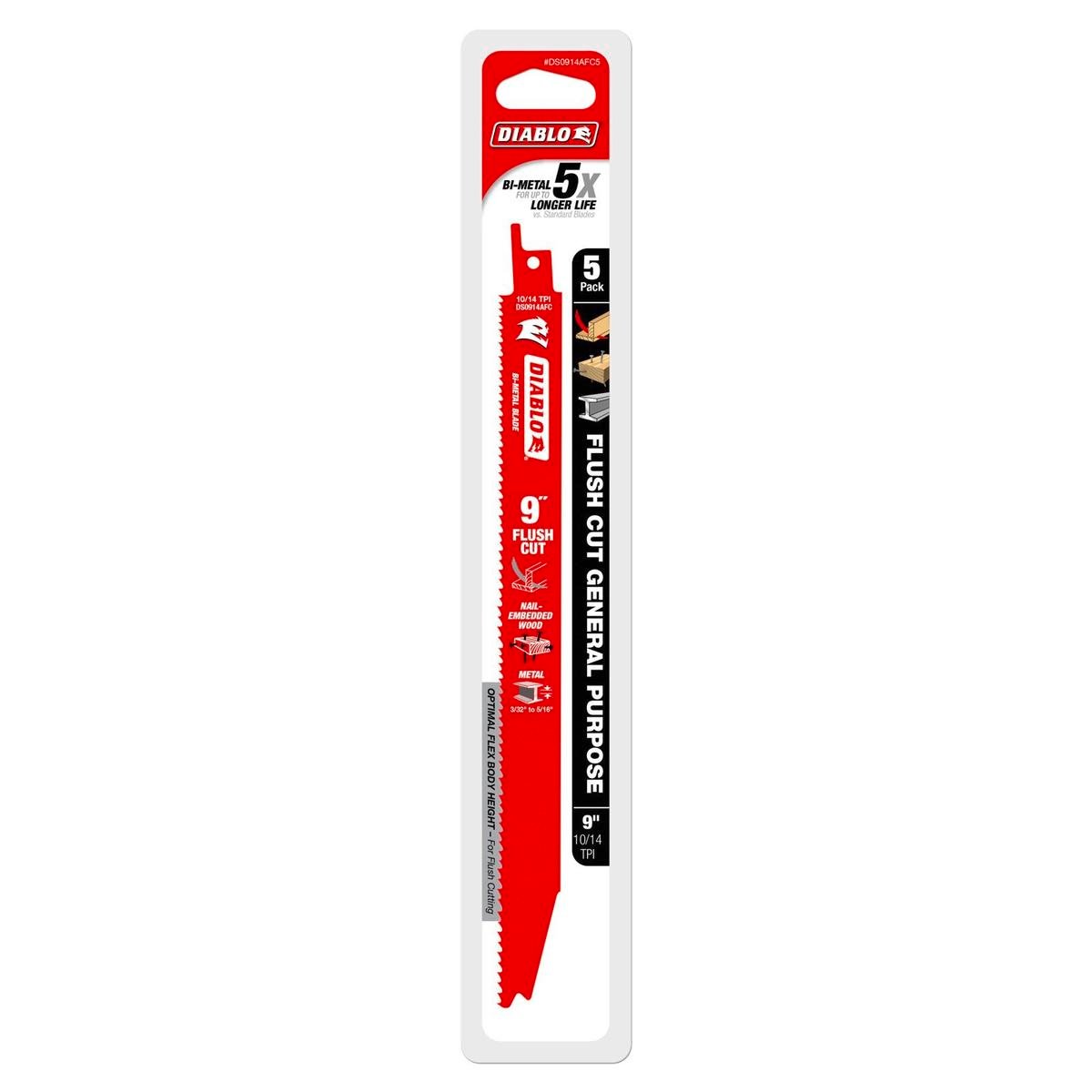 Diablo 9" Flush Cut Bi-Metal Reciprocating Saw Blades 5 Pack