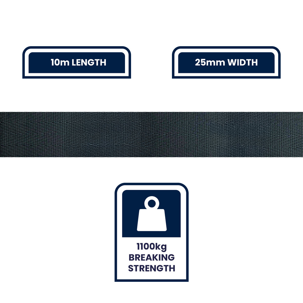 Grunt 25mm x 10m Heavy Duty Black Polyester Webbing