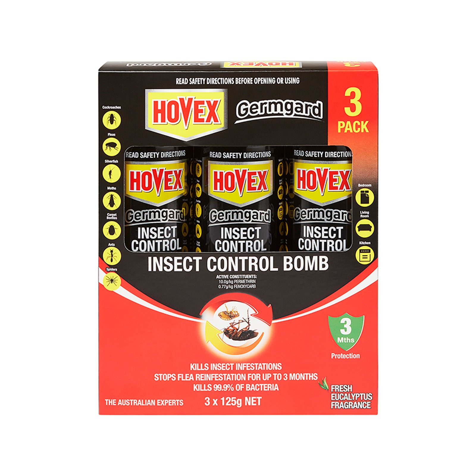 Hovex Germgard Insecticide Bomb 125g Aerosol - 3 Pack, Crawling & Flying Insects