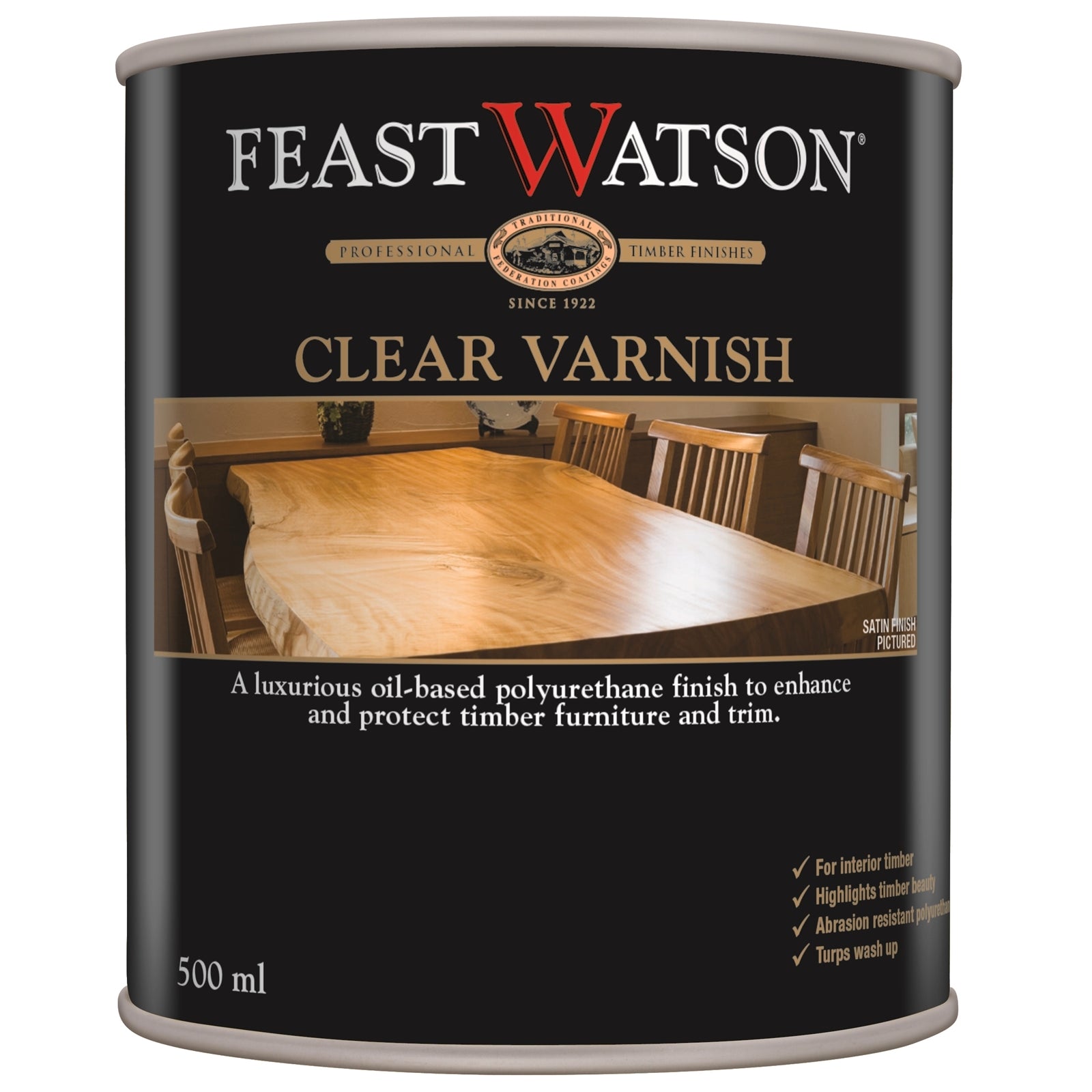 Feast Watson Satinproof Varnish 500ml Clear Satin Oil-Based Interior Timber Finish