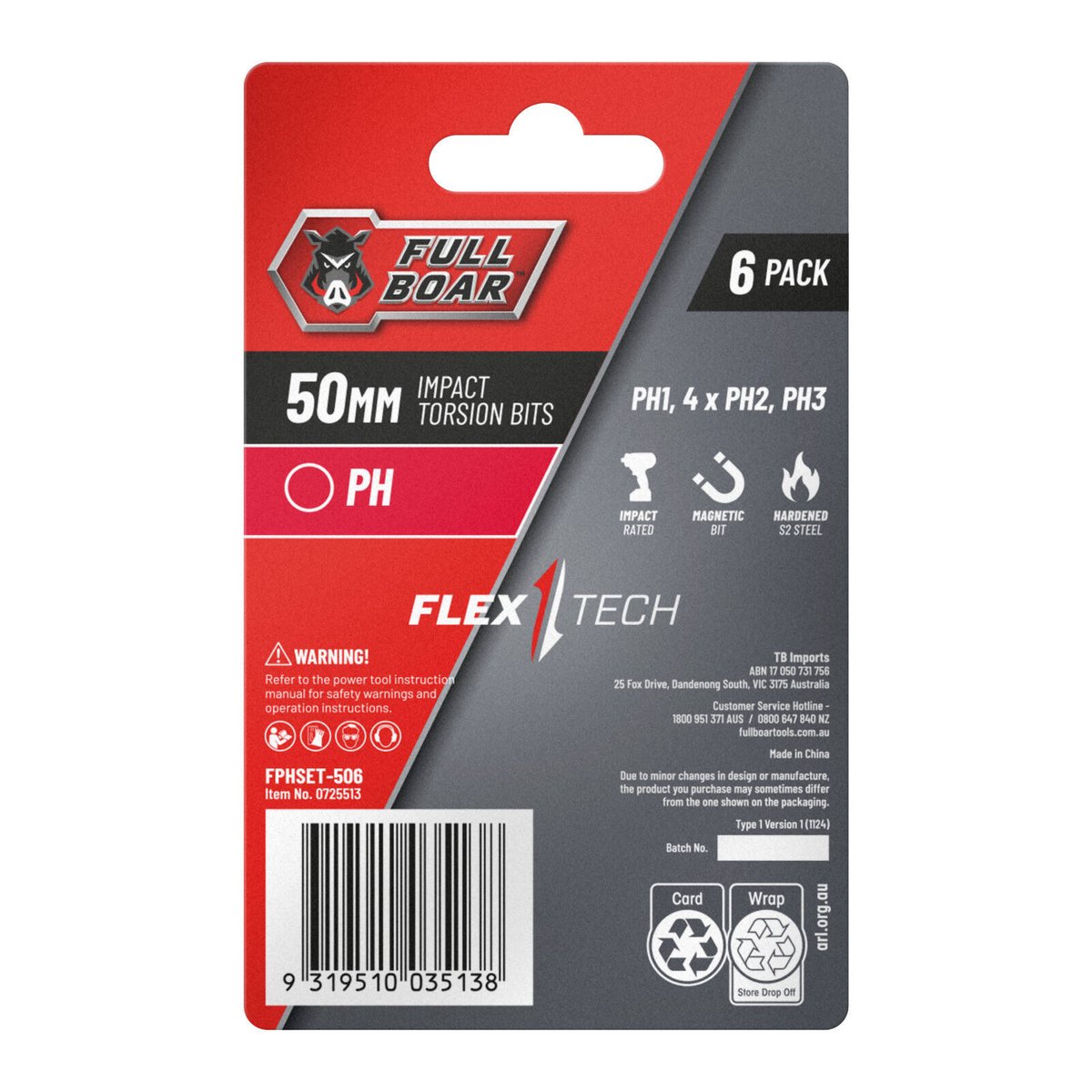 Full Boar PH x 50mm Impact Torsion Bit Set 6 Pack FPHSET-506