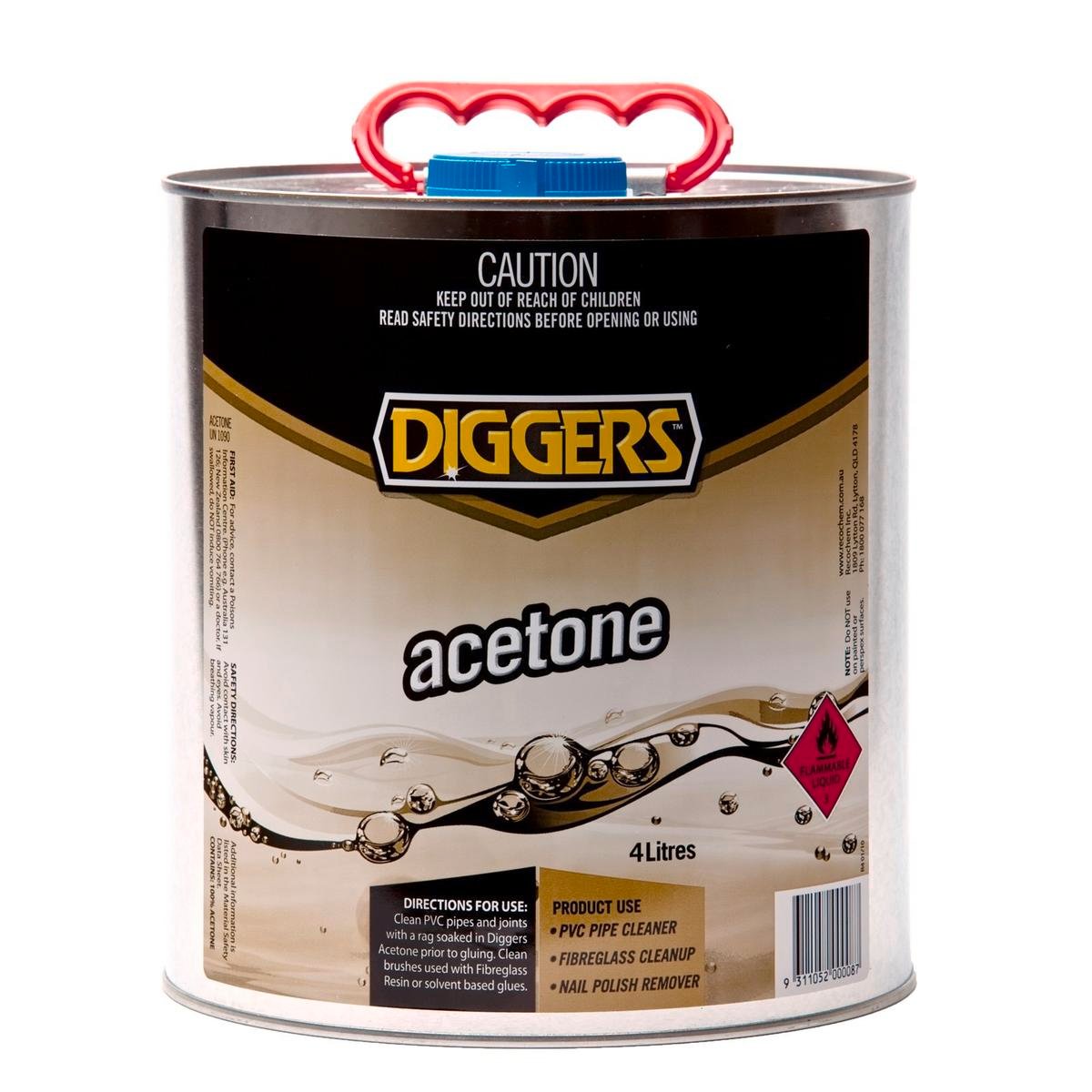 Diggers 4L Acetone Cleaning Solvent, Low VOC Concentrated, Indoor Outdoor