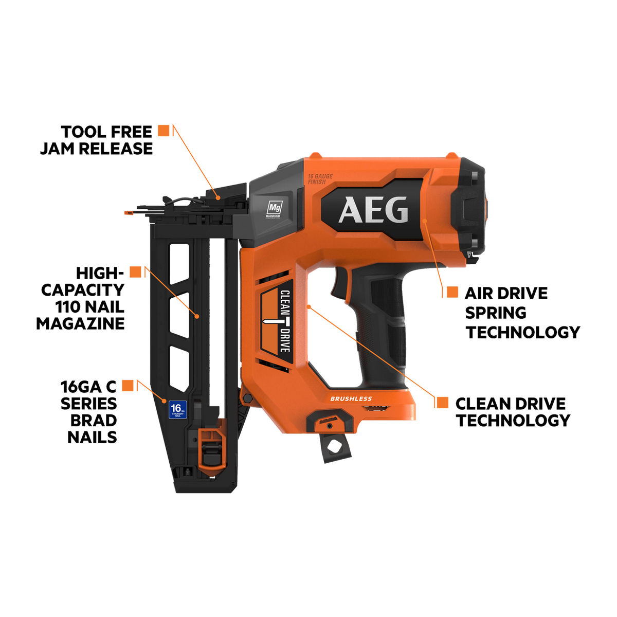 AEG 18V F-Rapid 16GA Straight C Brad Nailer Skin Only A18SFN16GA0