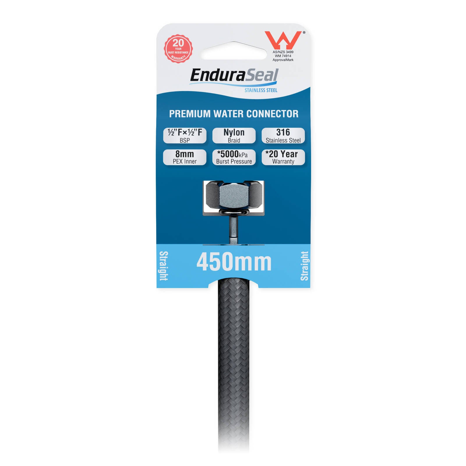 EnduraSeal 450mm Silver Flexible Braided Water Connector 500kPa