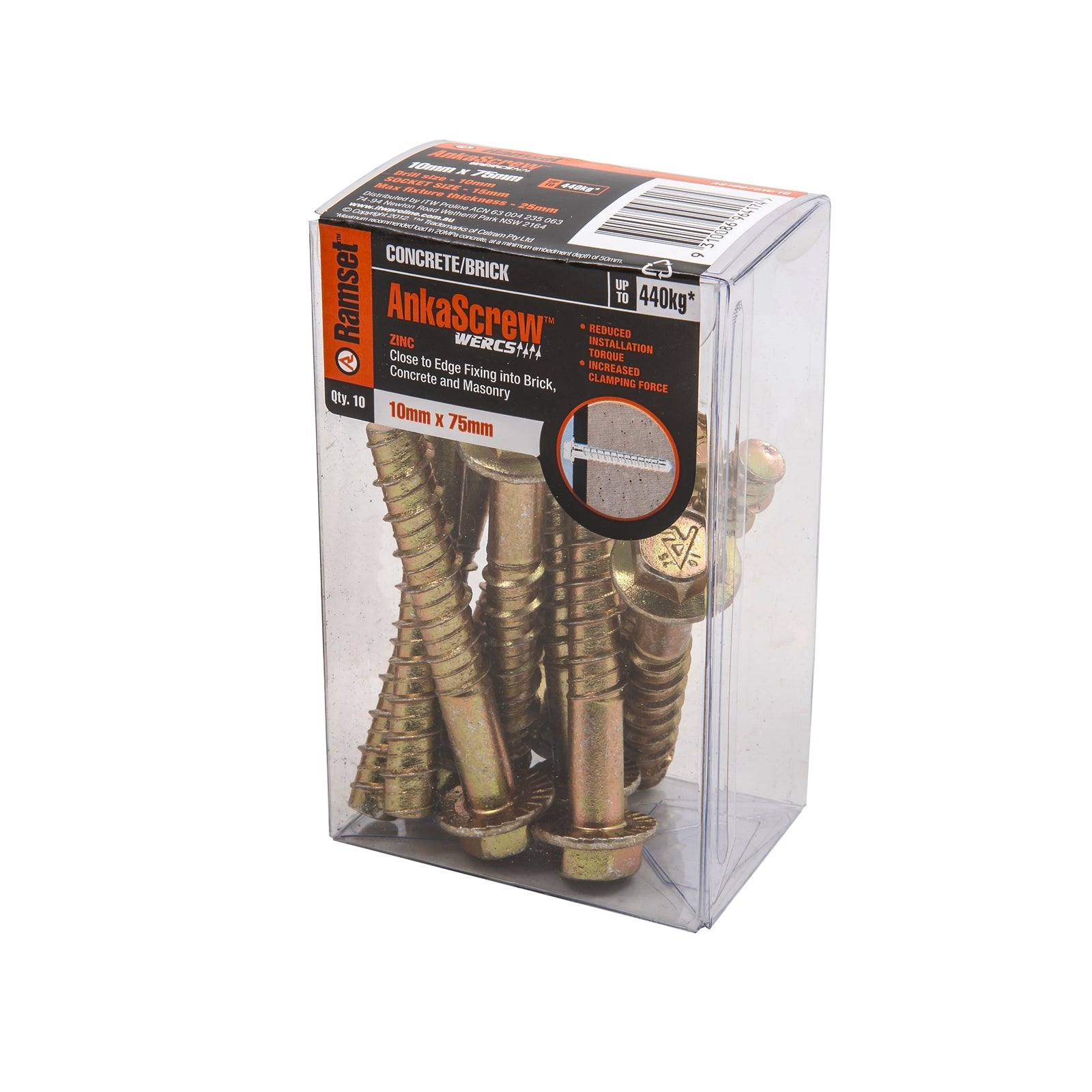 Ramset AnkaScrew 10 x 75mm Zinc-Plated Masonry Anchor - Flanged Hex Screw-In - 10 Pack