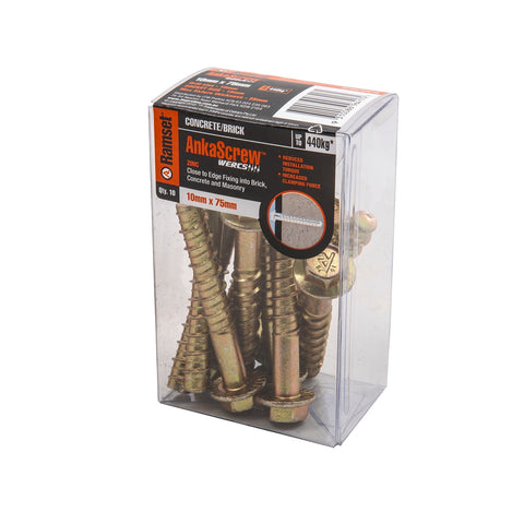 Ramset AnkaScrew 10 x 75mm Zinc-Plated Masonry Anchor - Flanged Hex Screw-In - 10 Pack