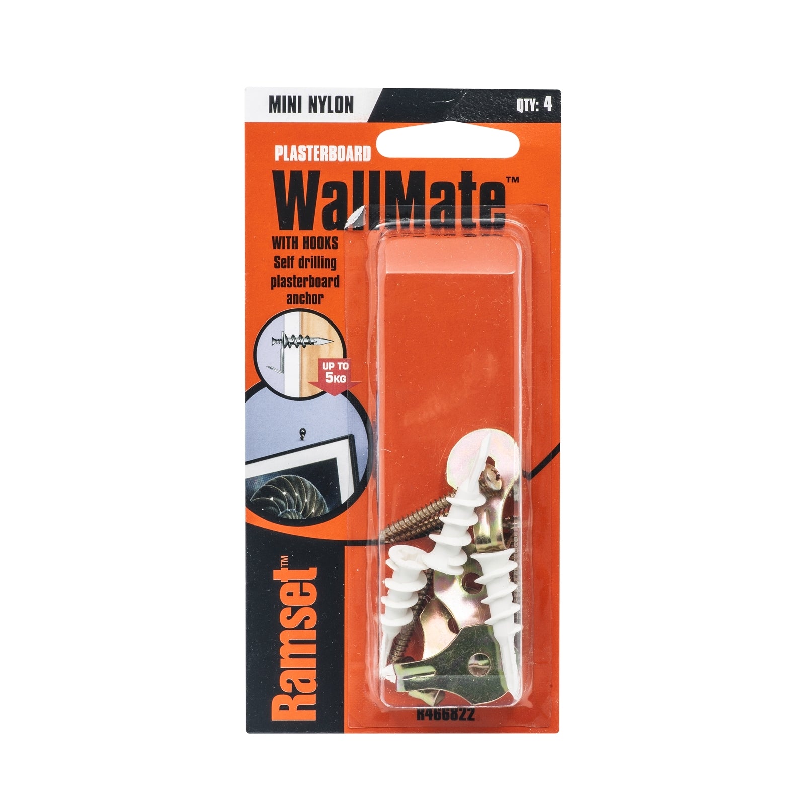 Ramset Mini Nylon WallMate Plasterboard Anchor With Screw and Hook - 4 Pack