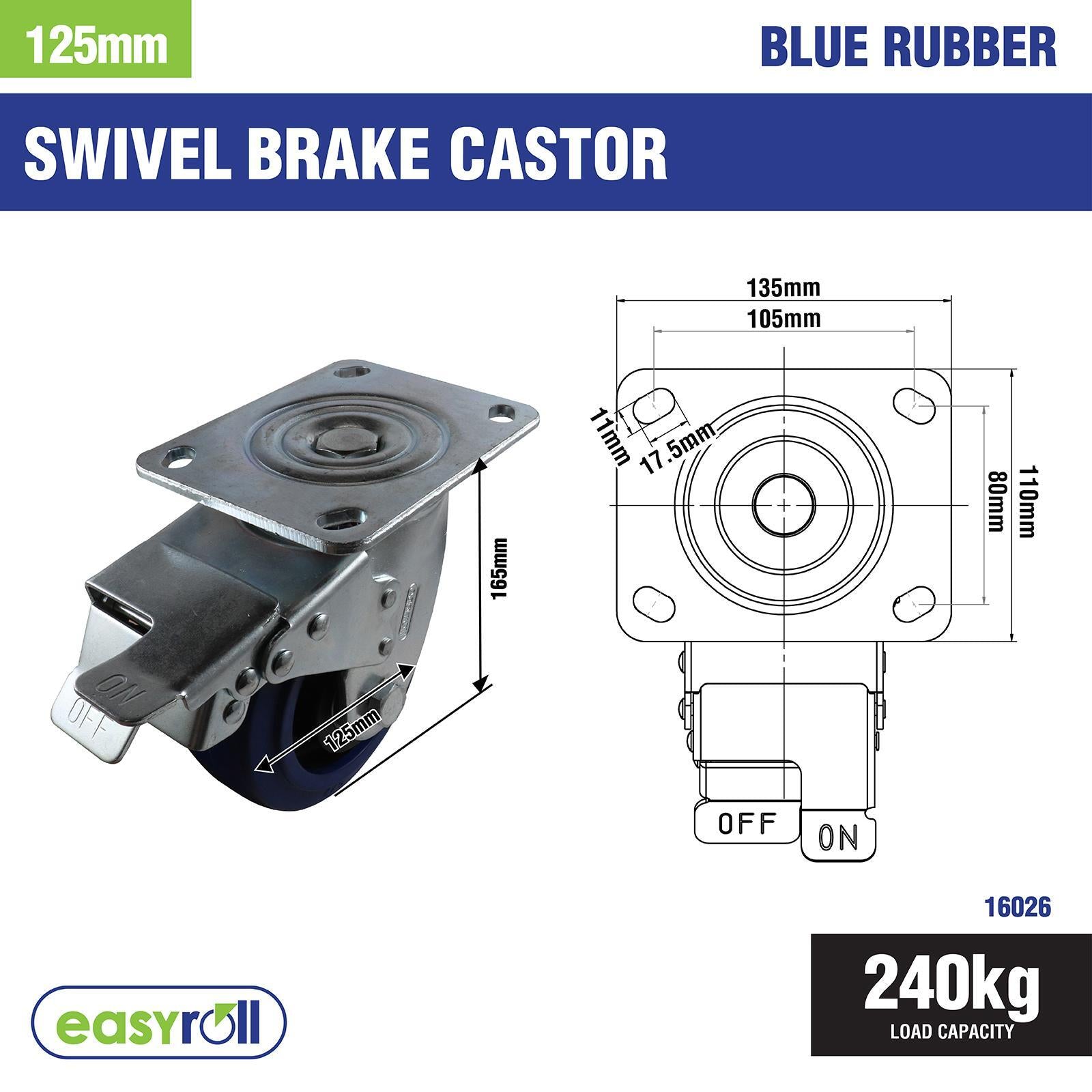 Easyroll 125mm Blue Elastic Rubber Swivel Brake Castor
