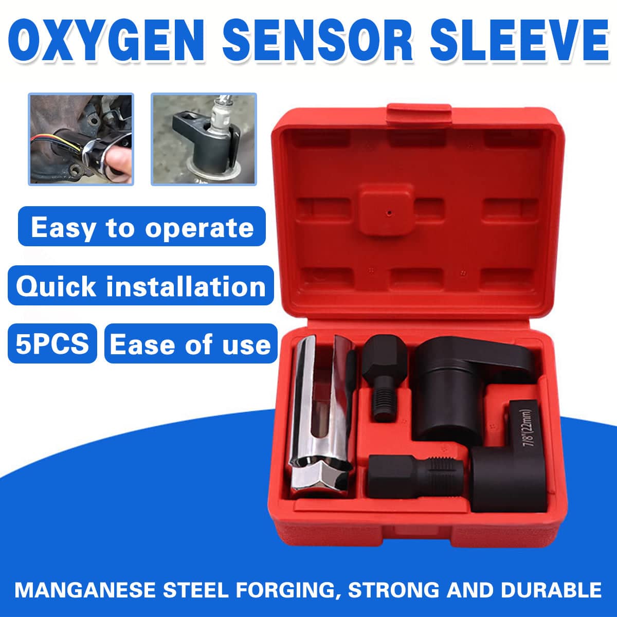 5 Piece Oxygen Sensor Socket Set, Chrome-Plated Manganese Steel