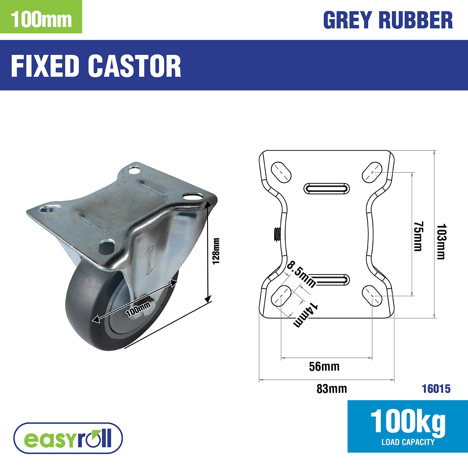 Easyroll 100mm 100kg Grey Rubber Heavy Duty Fixed Castor