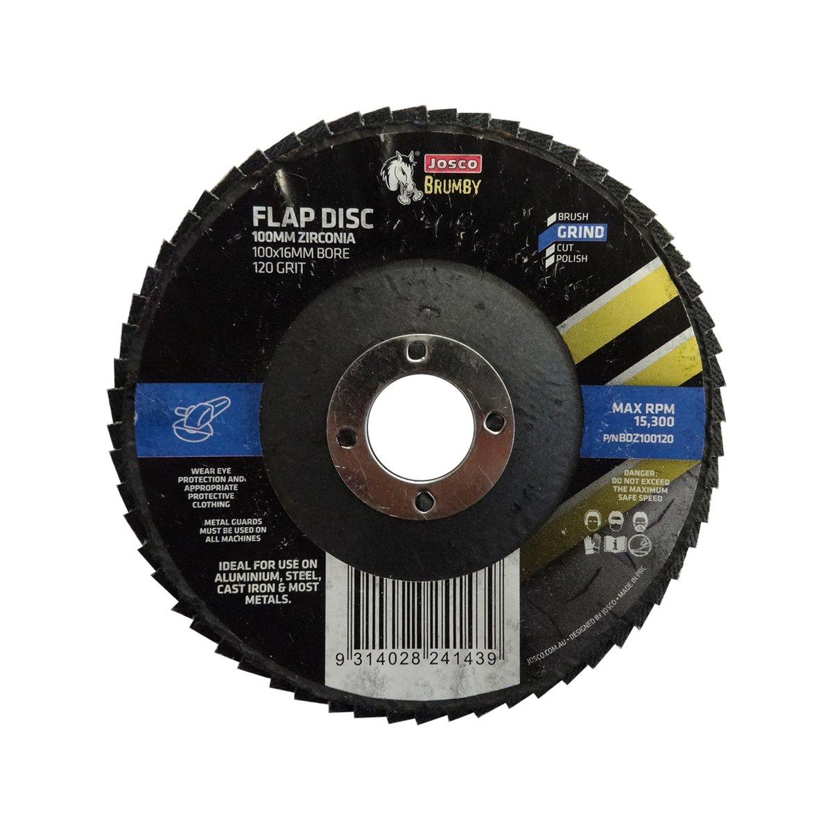 Josco 100mm 120 Grit Extra Fine Zirconia Flap Disc for Grinding & Finishing