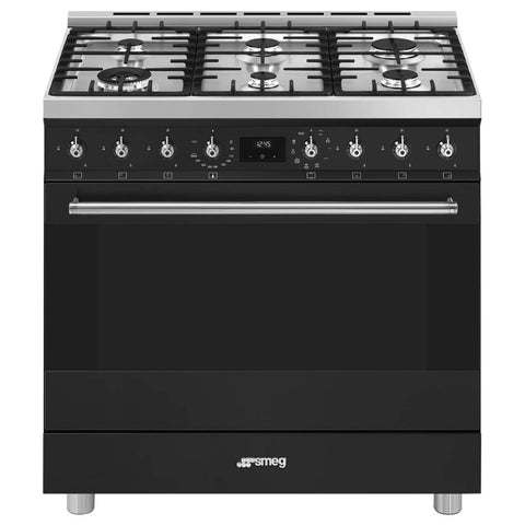 Smeg 90cm Classic Pyrolytic Freestanding Oven - Matte Black, Six Gas Burners, Temperature Probe - CSP9GMMBA2