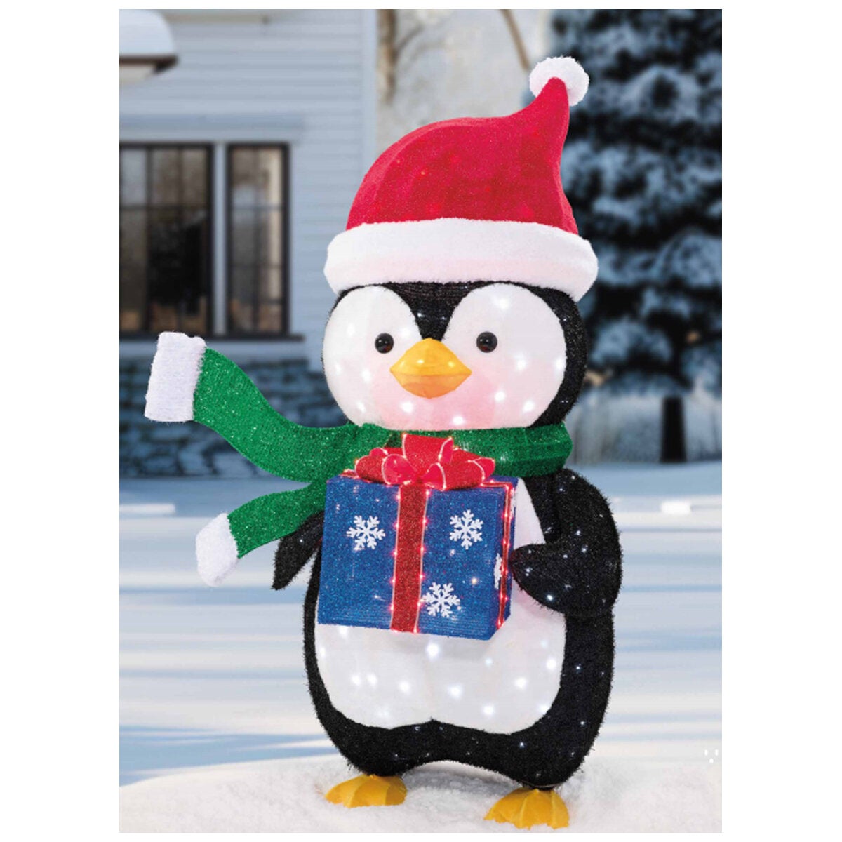 Outdoor and Indoor Christmas Yard Decoration, 152cm Twinkling LED Penguin and Gift Box with Ground Stakes