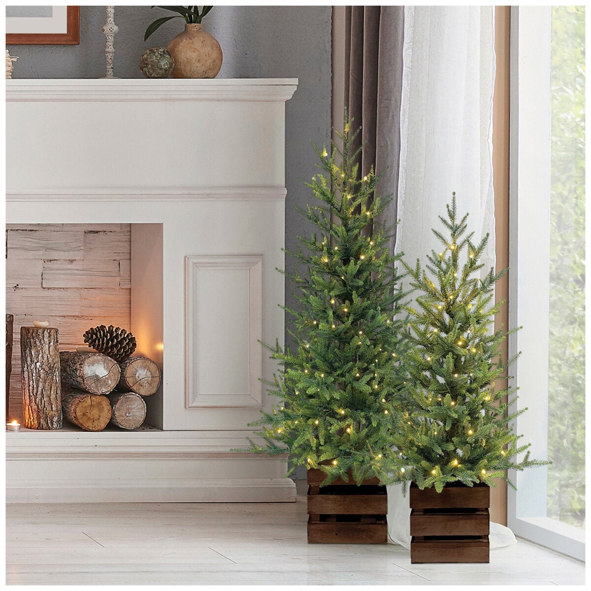 Battery-Operated Artificial Christmas Pine Tree Pair in Crate Bases, 1.2m and 0.9m Sizes, by CGH — image 5