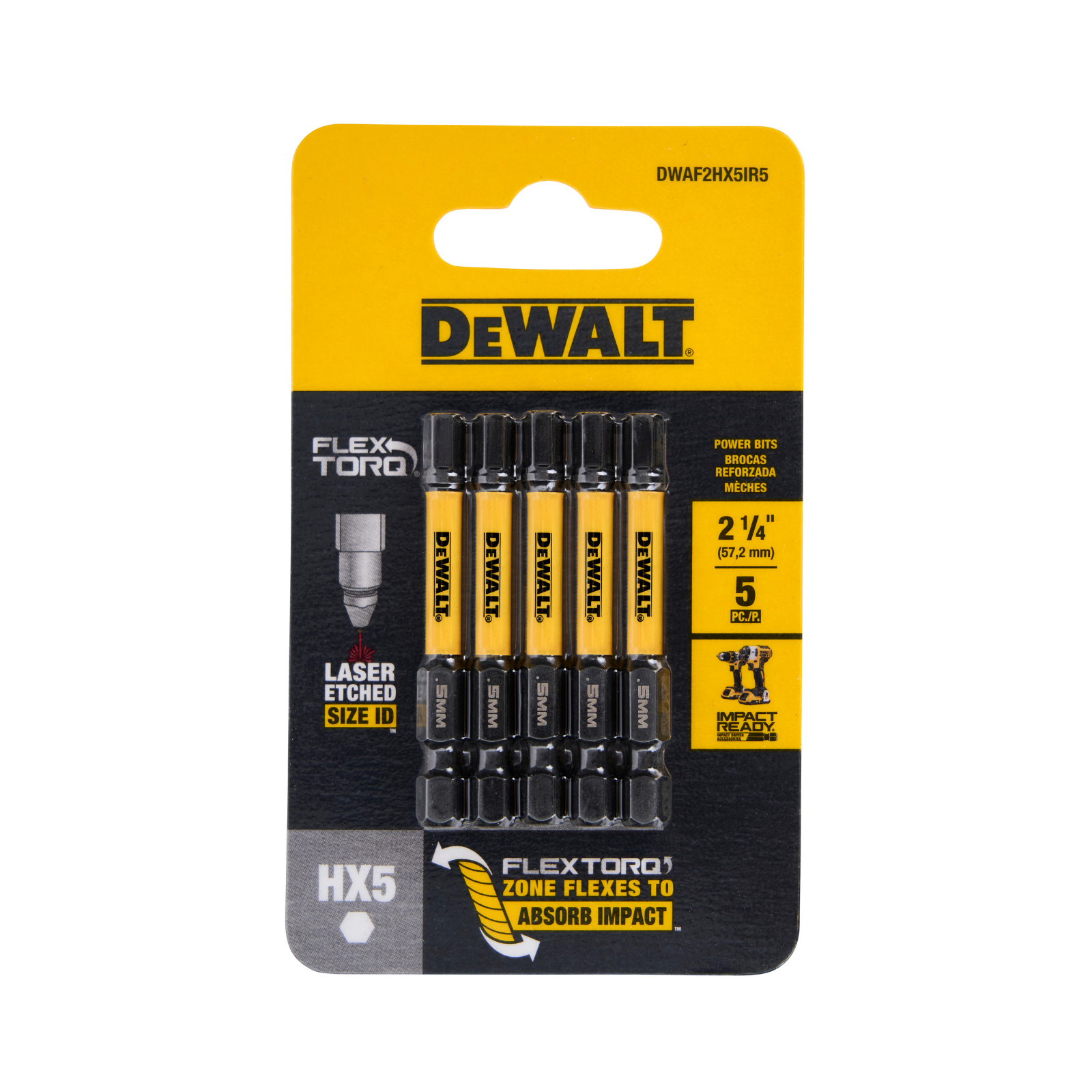 DeWALT FLEXTORQ 57mm HEX H5 Screwdriver Bit - 5 Pack