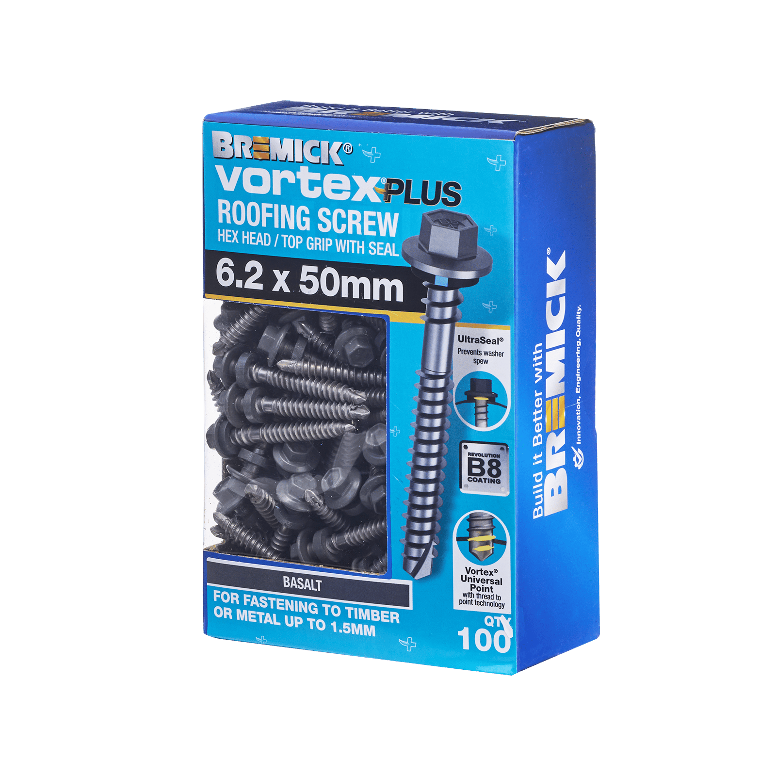 Bremick Vortex Plus 6.2 x 50mm Hex Roofing Screw, Carbon Steel B8 Basalt, Sealed Head Vortex Point - 100 Box