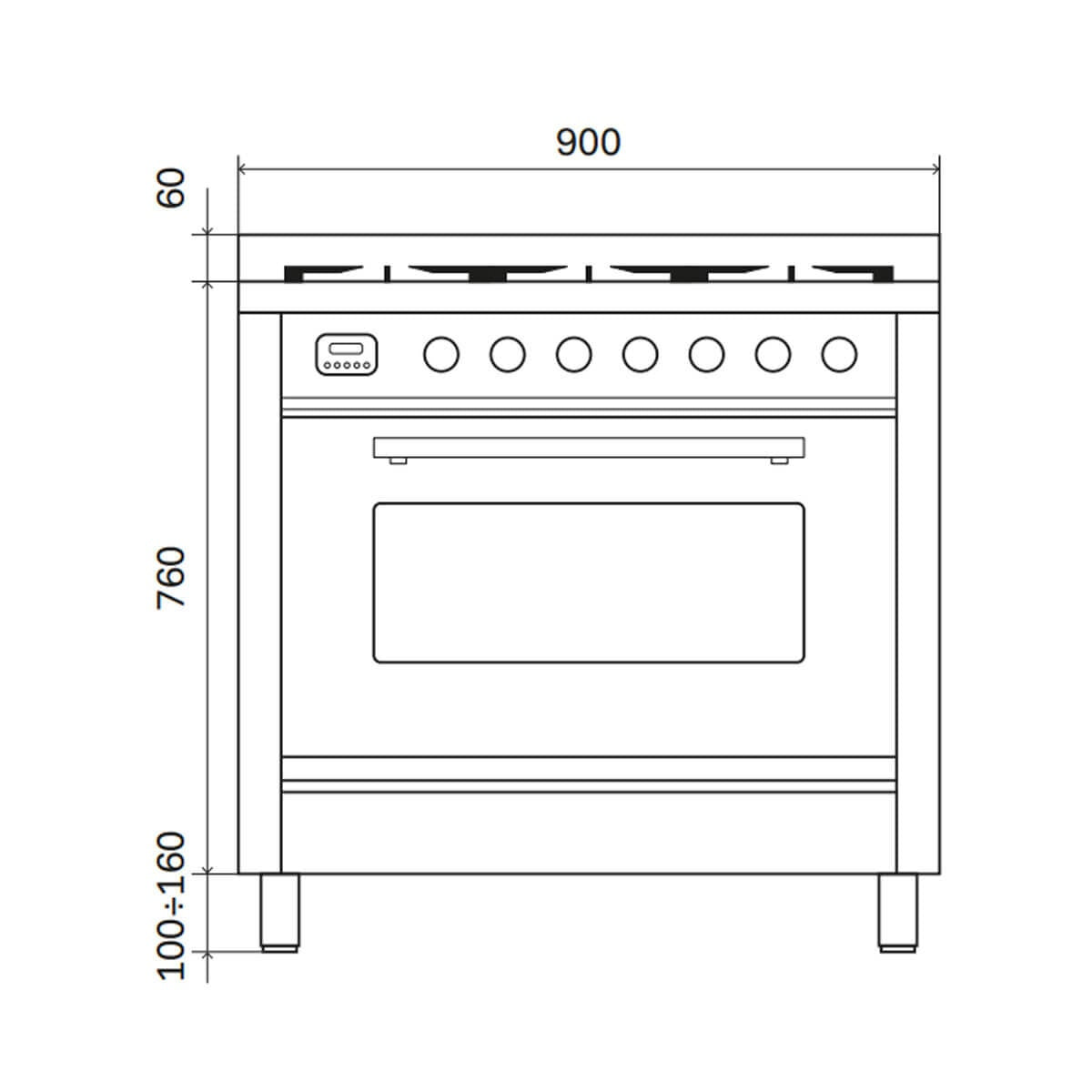 ILVE Professional Plus 90cm Dual Fuel Freestanding Oven 97L - 6 Gas Burners, Gloss Black - P096DWE3BK