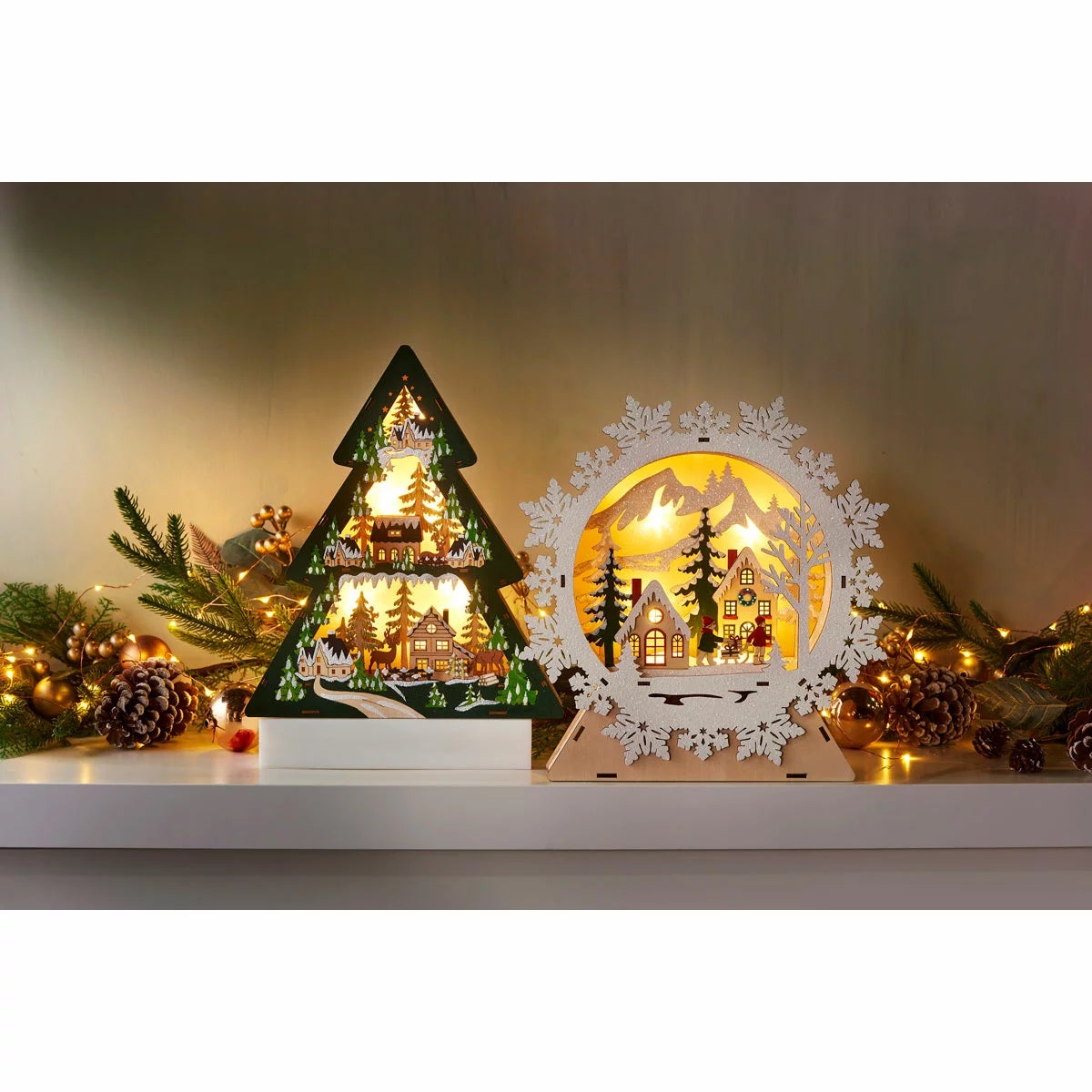 Light Up Timber Christmas Snowflake and Tree Decorations, Battery Operated Set of 2 — image 5