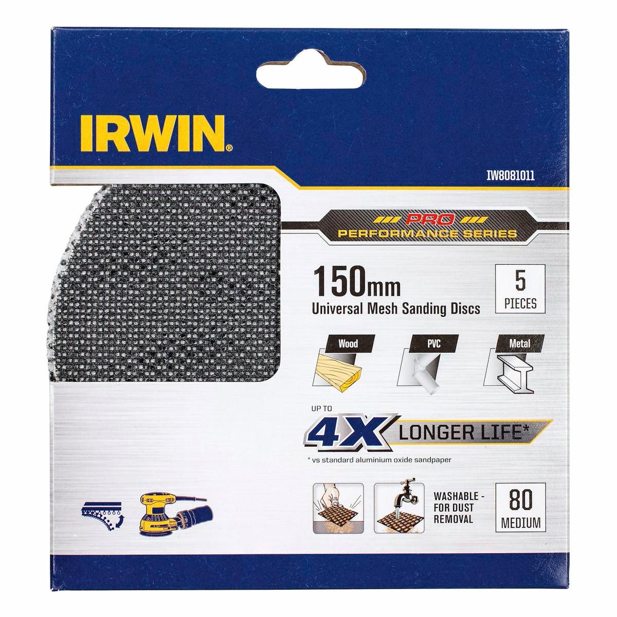 Irwin 150mm 80 Grit Orbital Sanding Disc Mesh Velcro 5 Pack
