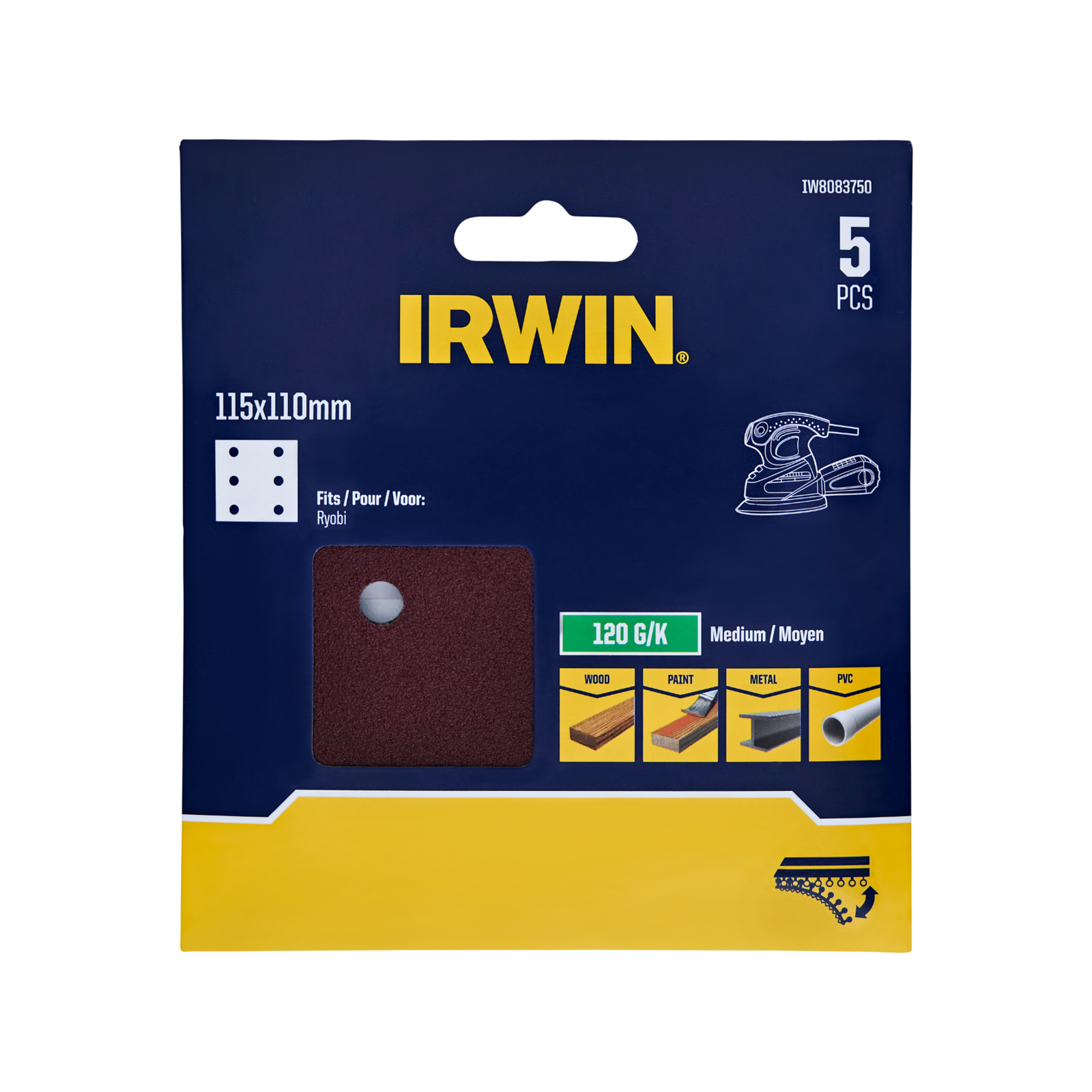 Irwin 115 x 110mm 120 Grit 6-Hole 1/4 Punched Sanding Sheets - 5 Pack