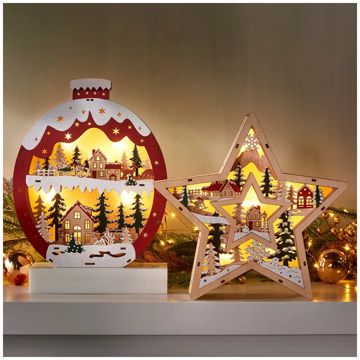LED Wooden Christmas Star and Ornament Decorations, 2 Piece Set with 6 Hour Timer — image 5
