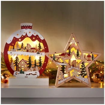 LED Wooden Christmas Star and Ornament Decorations, 2 Piece Set with 6 Hour Timer — image 8