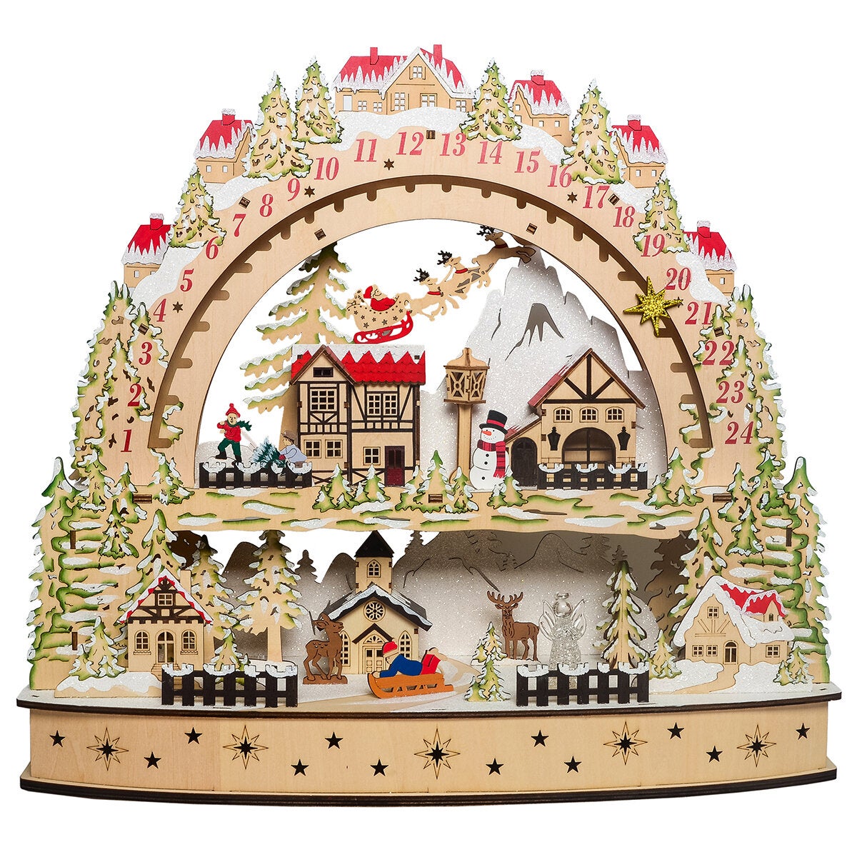 Light Up Christmas Countdown Calendar in Wood, Laser Cut Santa and Snowy Village Scene