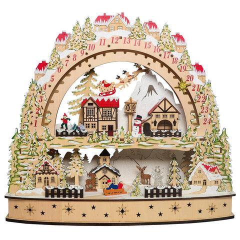 Light Up Christmas Countdown Calendar in Wood, Laser Cut Santa and Snowy Village Scene