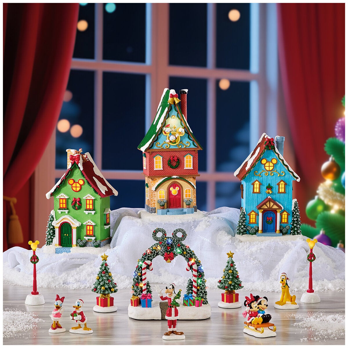 Illuminated Christmas Village Display Featuring Mickey and Friends, Hand-Crafted 13 Piece Set by Disney