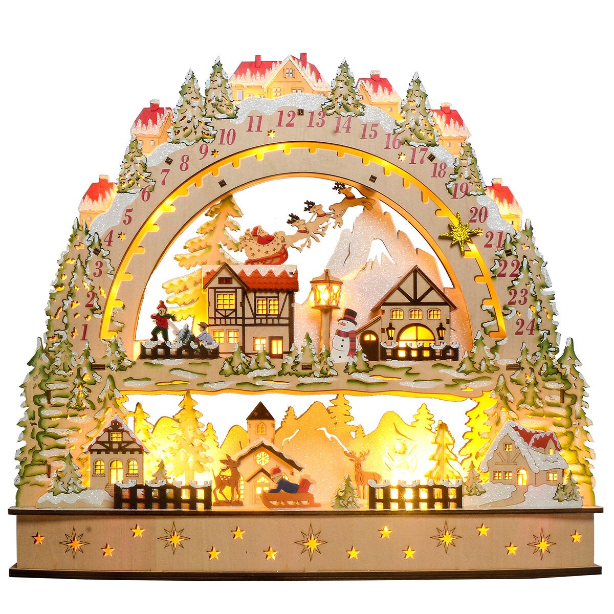 Light Up Christmas Countdown Calendar in Wood, Laser Cut Santa and Snowy Village Scene — image 2
