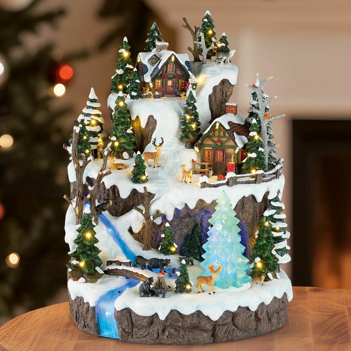Light-Up Musical Christmas Village Scene with Turning Tree and Auto Timer, Snowy Woodland 47cm