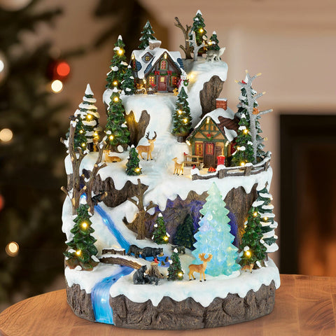 Light-Up Musical Christmas Village Scene with Turning Tree and Auto Timer, Snowy Woodland 47cm