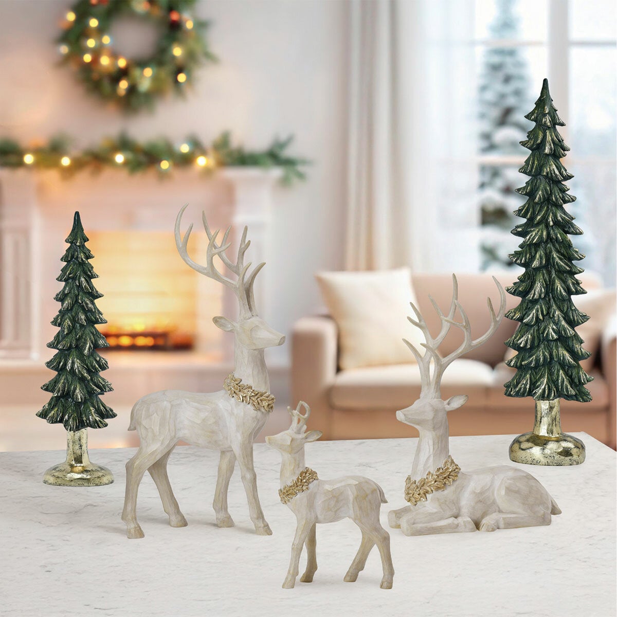 Woodland Christmas Figurine Set of 5 with Stags, Fawn and Evergreen Trees in Hand-Painted Resin