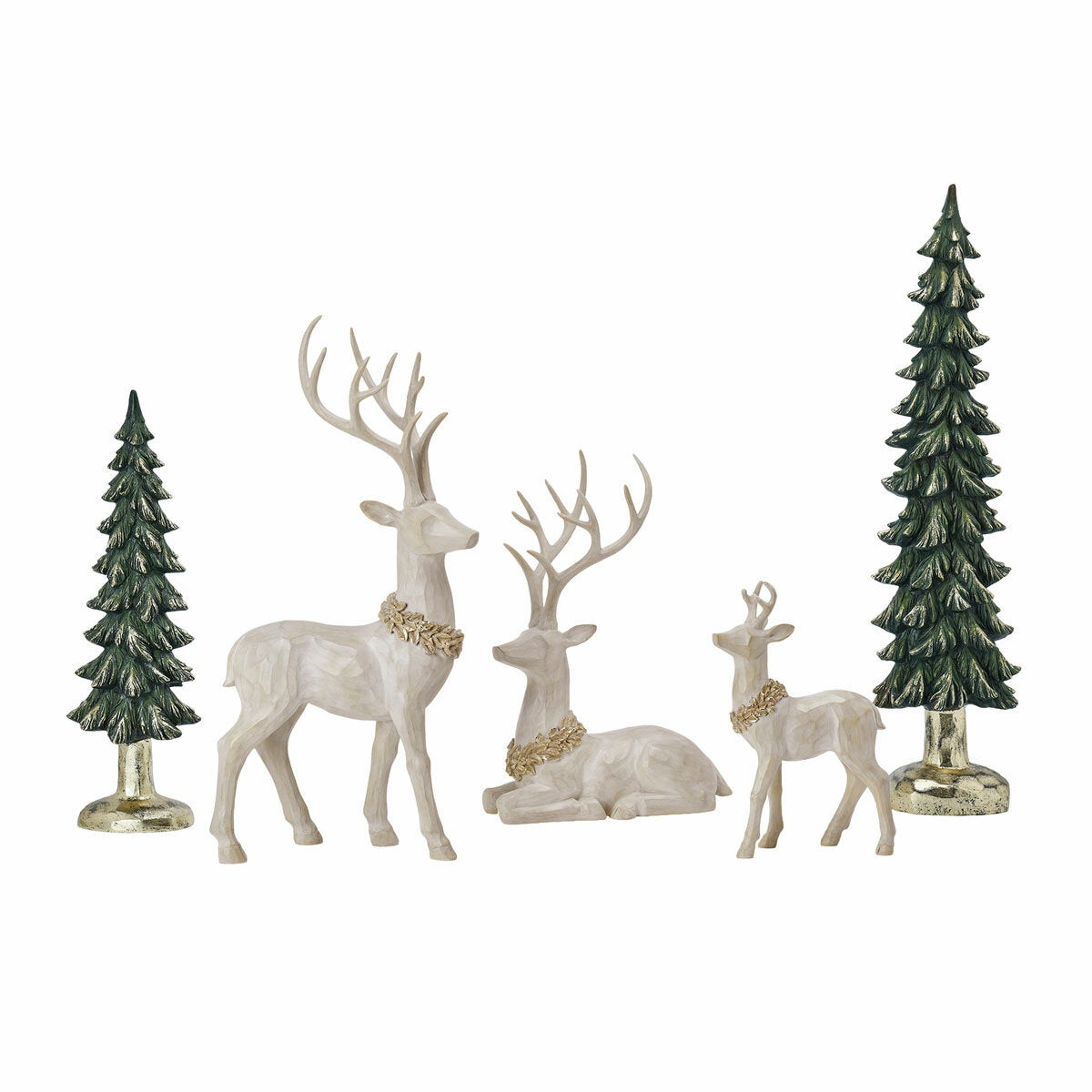Woodland Christmas Figurine Set of 5 with Stags, Fawn and Evergreen Trees in Hand-Painted Resin — image 3