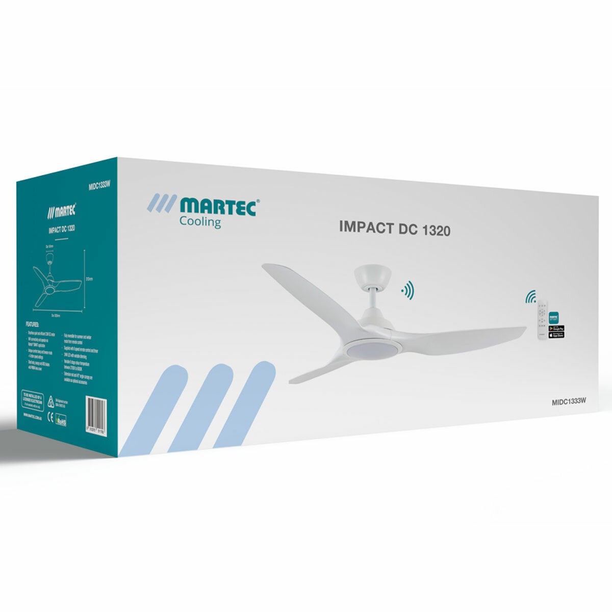 Quiet 33W DC Ceiling Fan with Adjustable Colour LED Light and Phone Control, Martec Impact — image 2