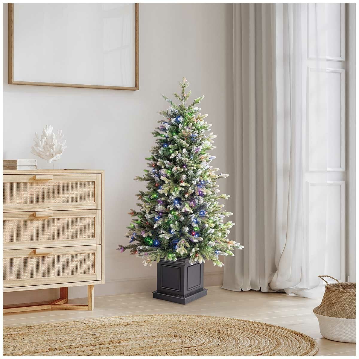 Compact 1.3 Metre Artificial Christmas Tree in Square Pot, Glitter Frosted and Pre-Lit with Twinkling LEDs — image 2
