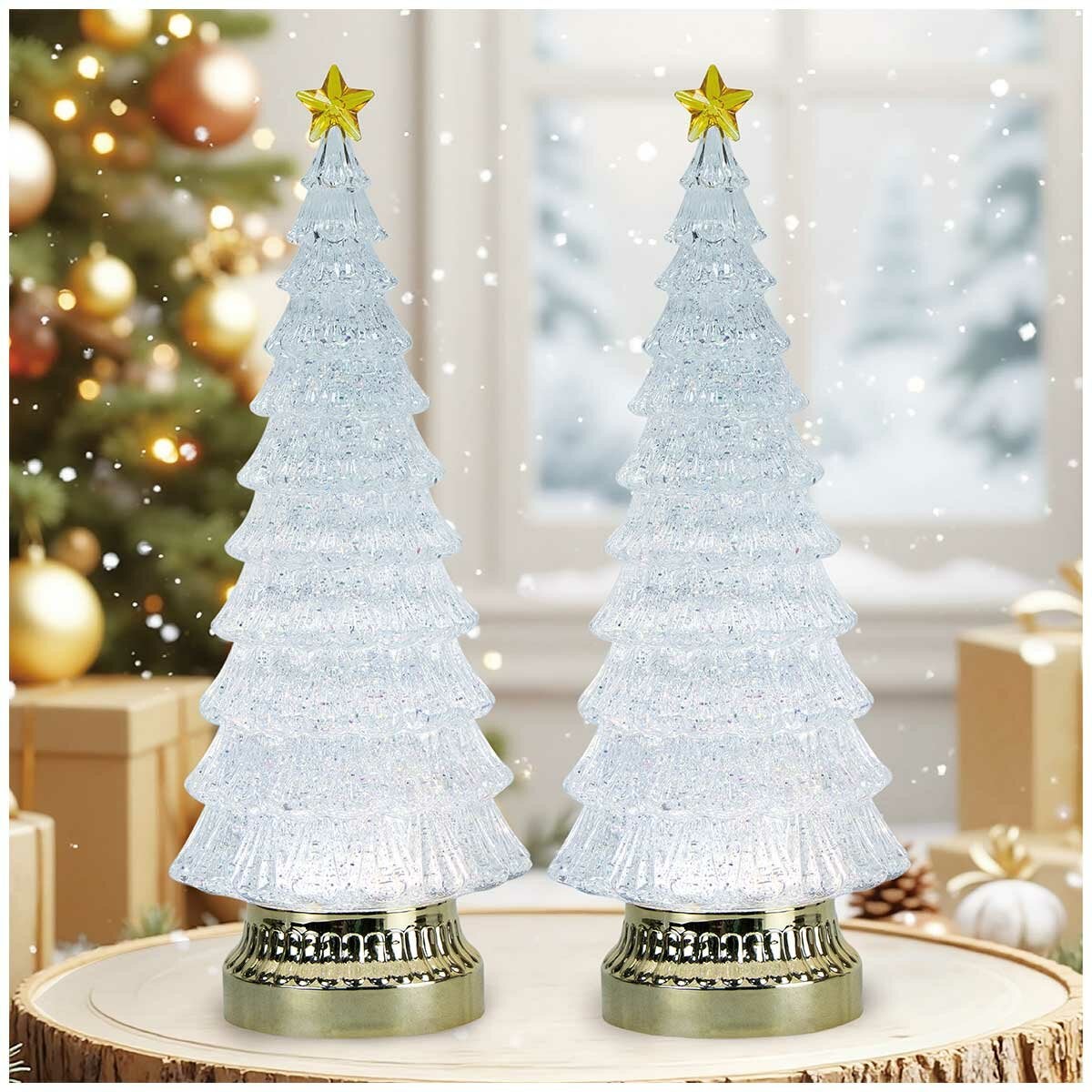Battery Powered 38cm Tabletop Christmas Tree Pair with Colour Change LEDs, Gold Base and 6-Hour Timer