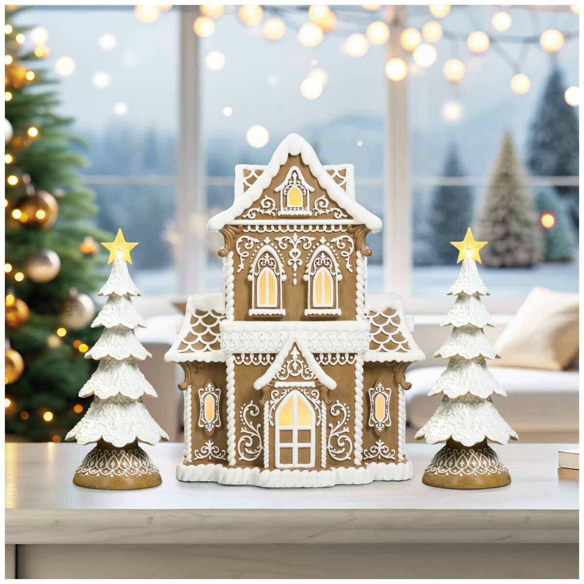 Light-Up Christmas Village Display: 38cm Resin Gingerbread Cottage with Two Star-Topped Trees