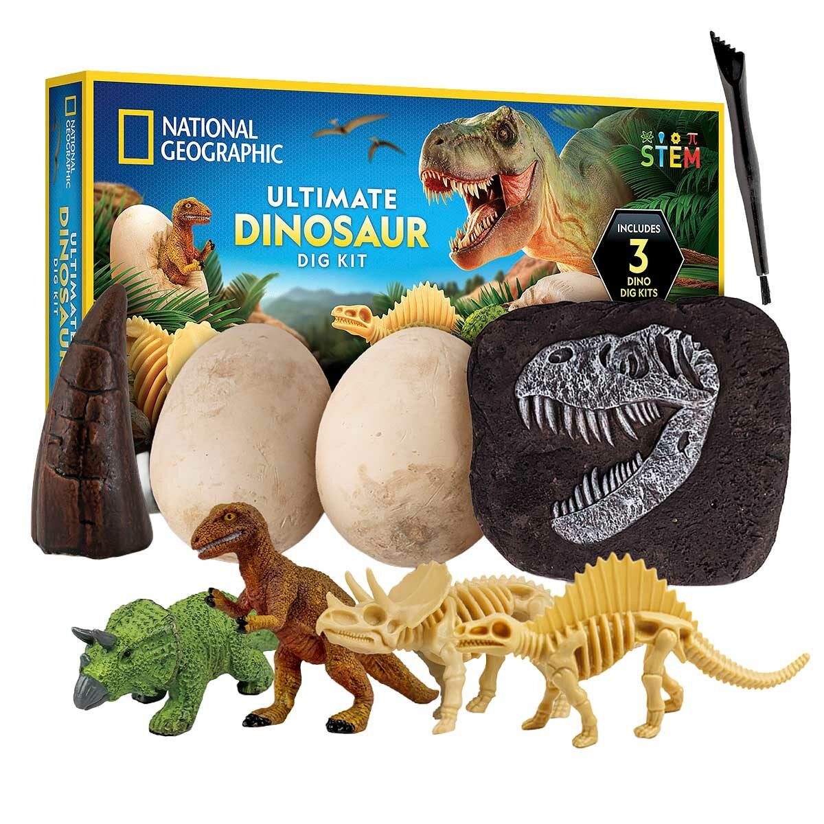 Kids Dino Excavation STEM Set with Three Bricks, Digging Tool and Learning Guide by National Geographic