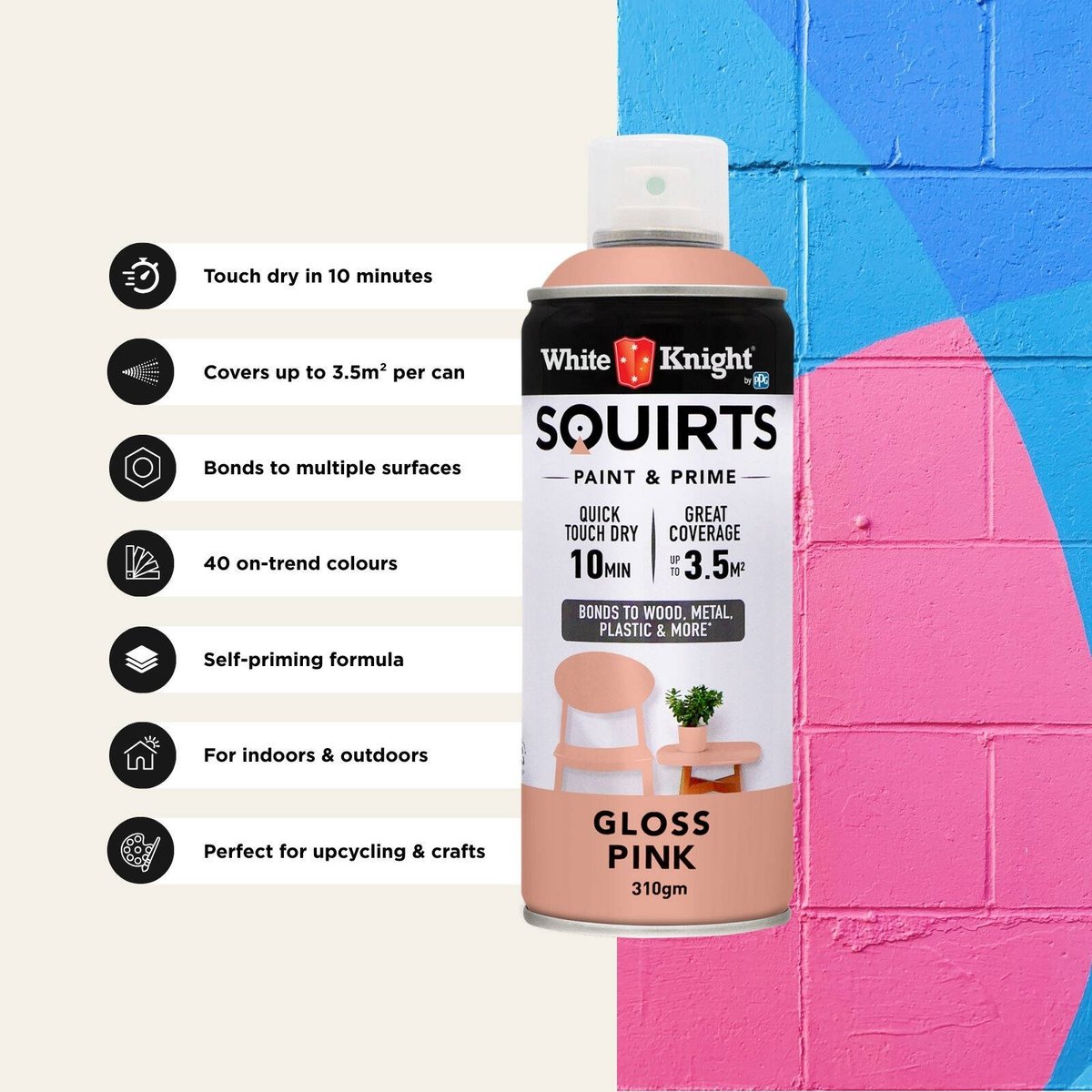 White Knight Squirts Pink Gloss Spray Paint 310g Solvent Based Durable - SuperSaverAU - view 5
