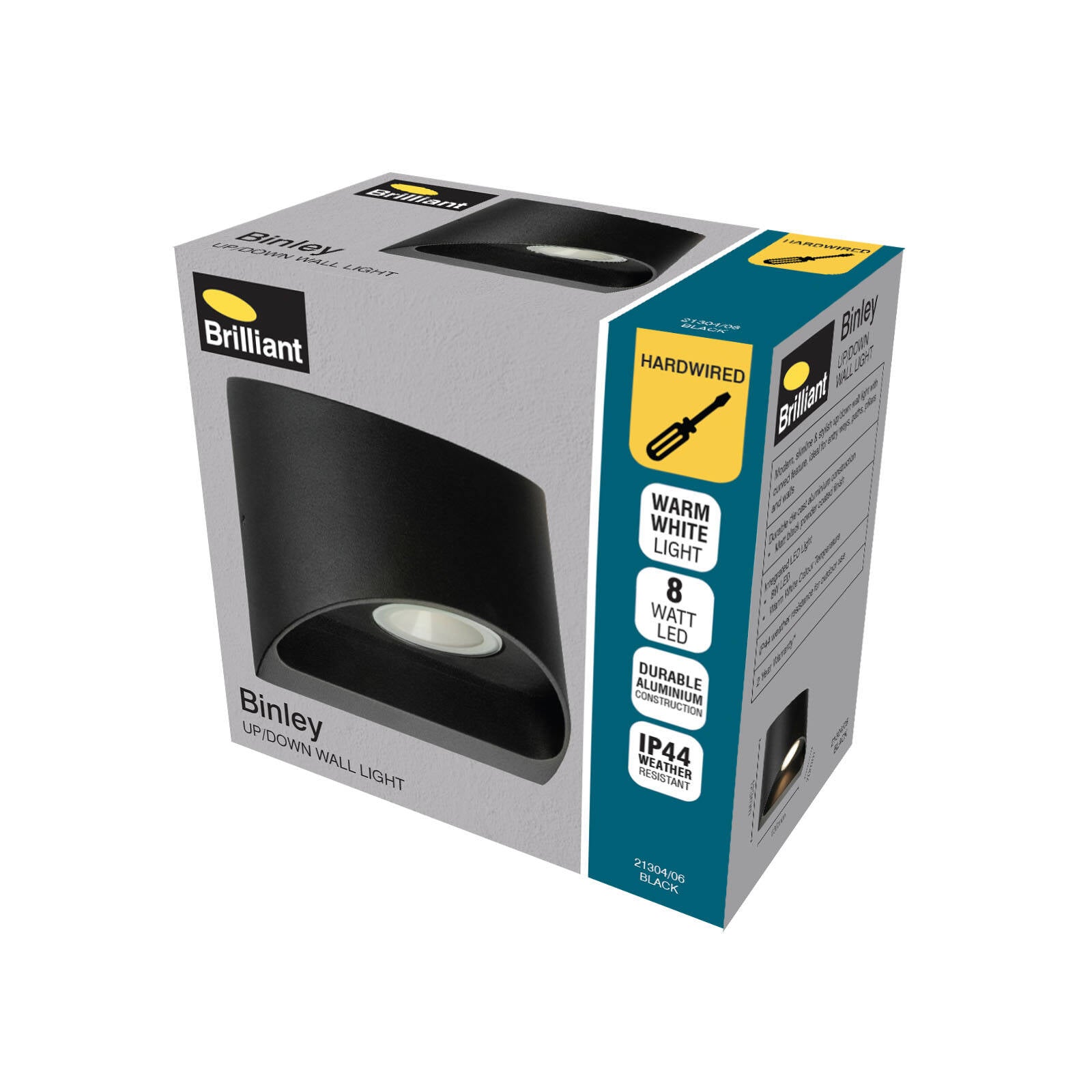 Brilliant Binley 8W Black Die-Cast Aluminium Up Down Wall Light Outdoor 21304/06