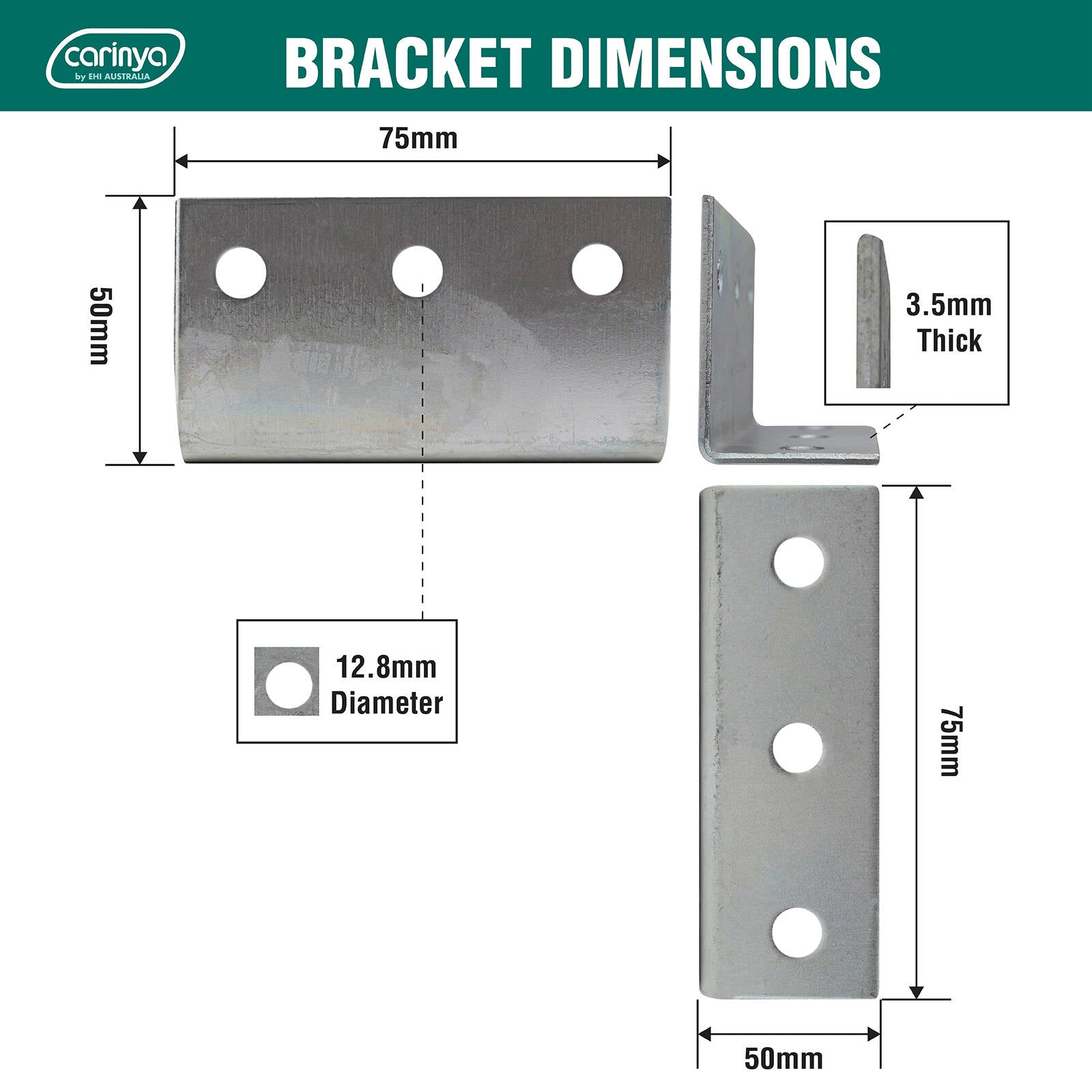 Carinya 140 x 75 x 50 x 3.5mm Zinc Plated Steel Reinforcing Angle Bracket
