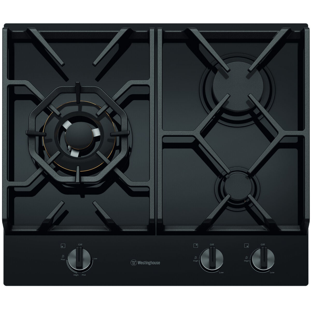 Westinghouse 60cm 3 Burner Gas Cooktop - Black Ceramic Glass - 19MJ/h Wok Burner - WHG639BD