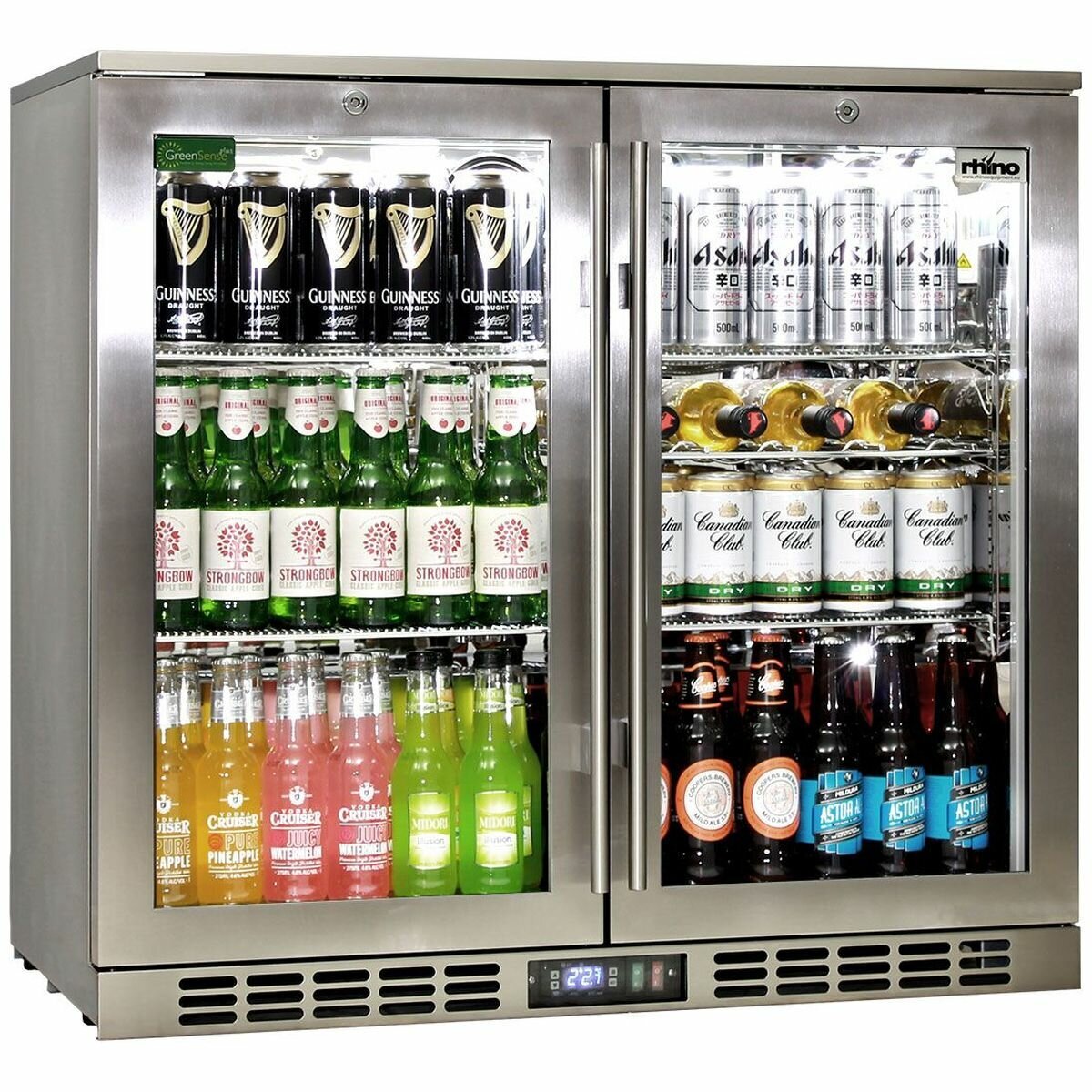 Rhino 208L Heated Glass Two Door Bar Fridge - Stainless Steel, LG Compressor, Lockable Doors - SG2H-HD