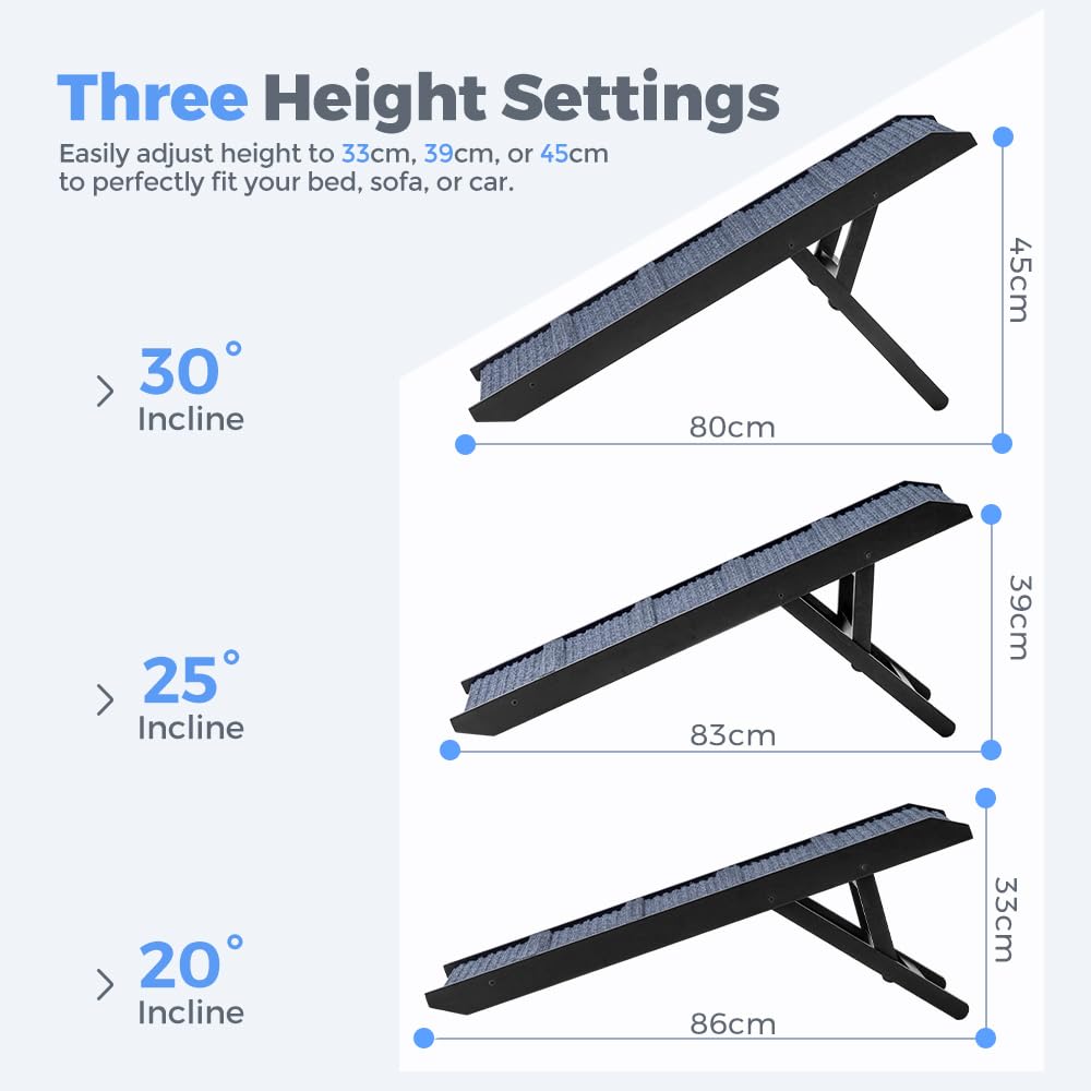 Adjustable Dog Ramp for Bed - Black, 90cm Long - Three Heights 33, 39 and 45cm, Holds 60kg, Non Slip Carpet