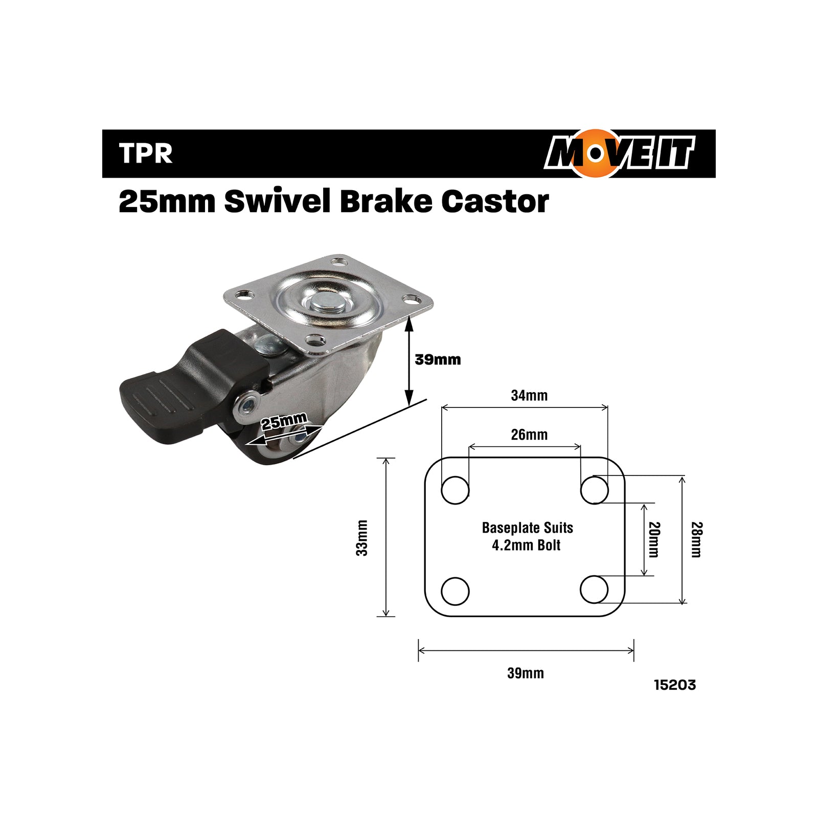 Move It 25mm 10kg Rubber Swivel Castor with Brake