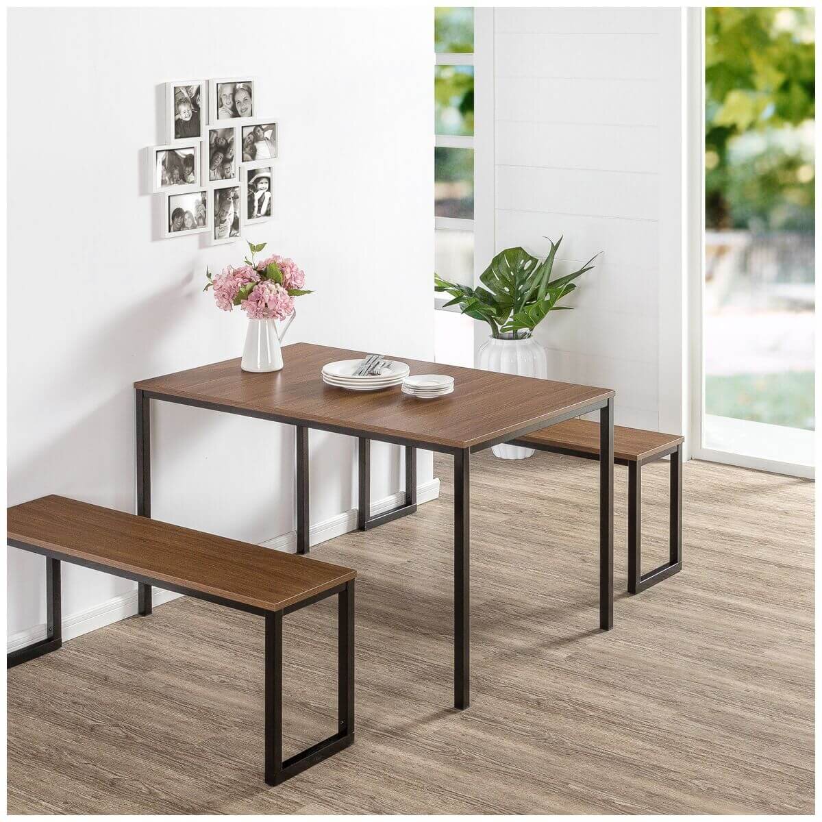 Zinus Louis 3 Piece Dining Set - Table and Two Benches, Seats Four, Steel Frame - AU-TS-4830