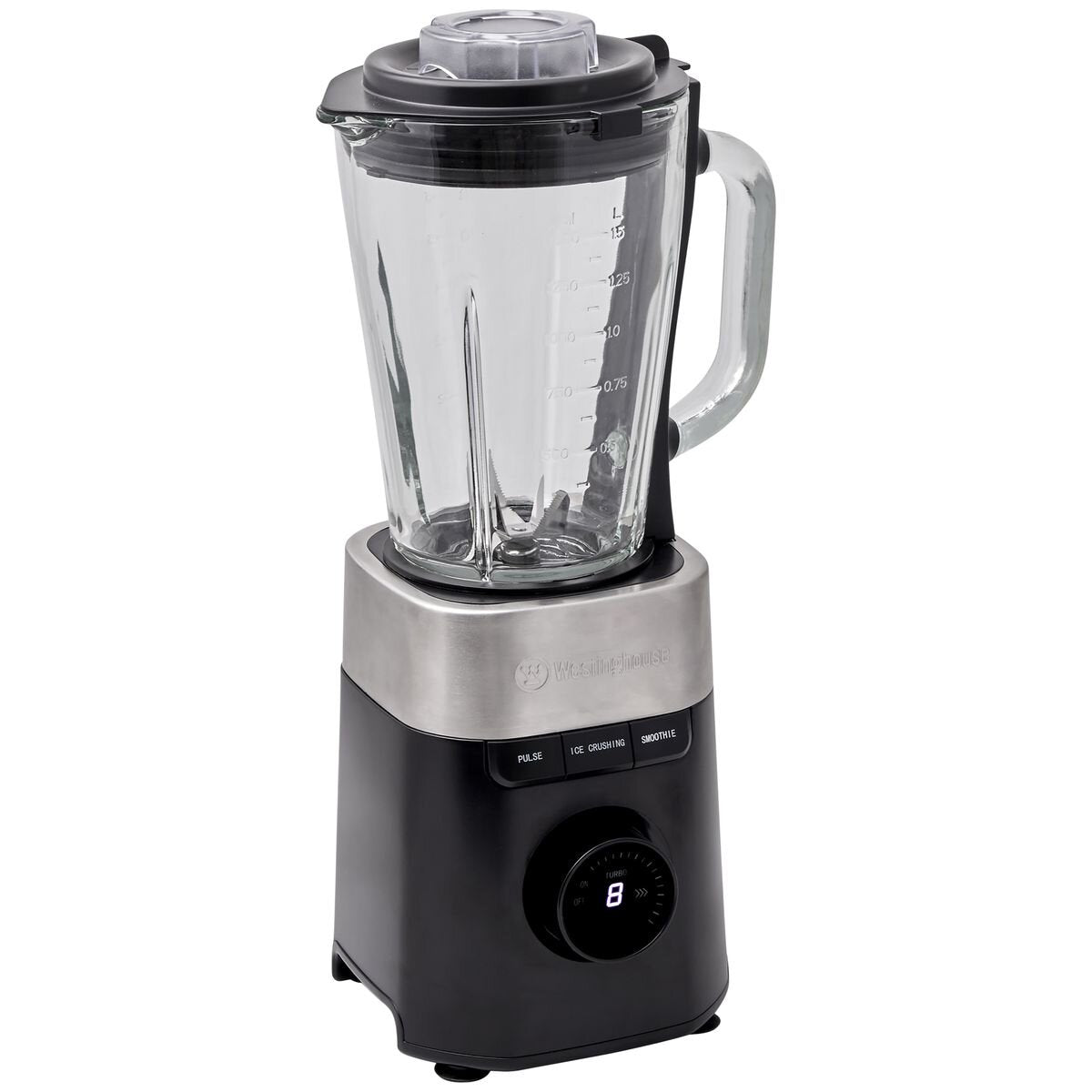 Westinghouse Blender 1.5L Glass Jug - Black with Stainless Steel Trim - 900W, 8 Speeds, Hex Blade - WHBL04K