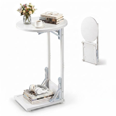 Foldable C Shaped Side Table 2 Tier - White - 33 x 40 x 65cm, Metal Frame, Folds Flat Without Tools