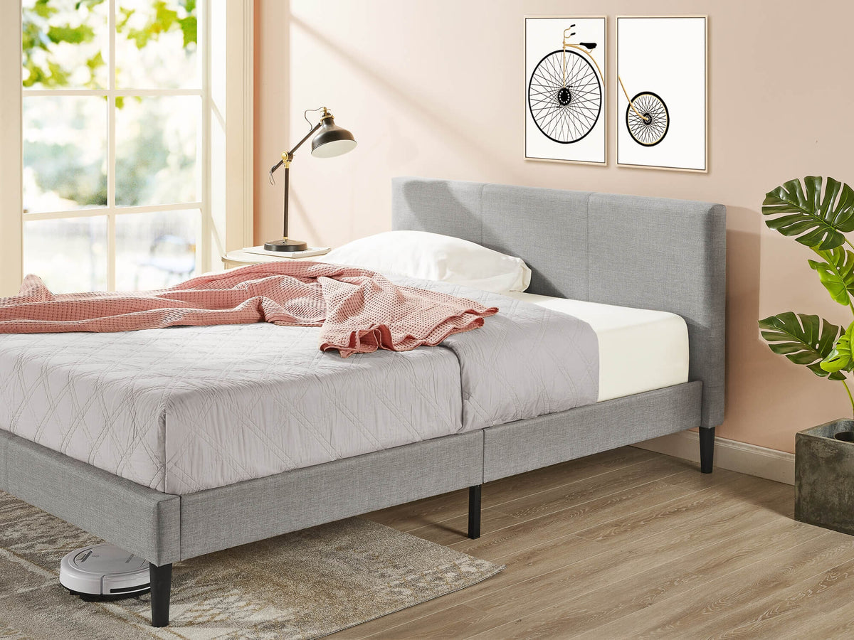 Zinus Liam Classic Home King Upholstered Bed Base - Light Grey Fabric, Padded Headboard - AU-FPPPLG-12K